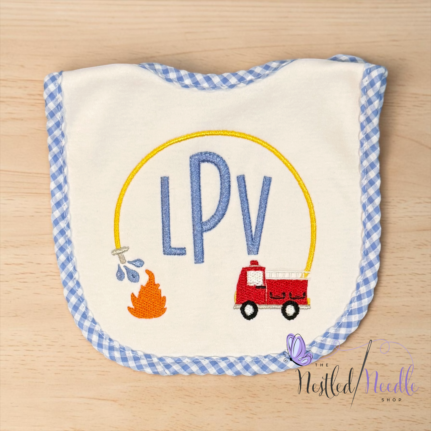 Boy Personalized Fire Truck Baby Bib & Burp Cloth Set