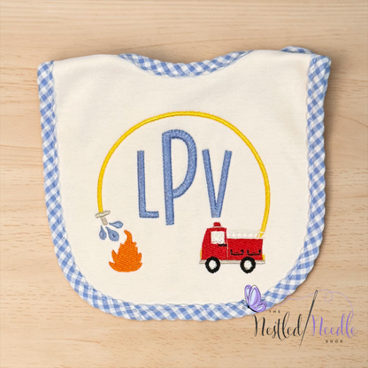 Boy Personalized Fire Truck Baby Bib & Burp Cloth Set