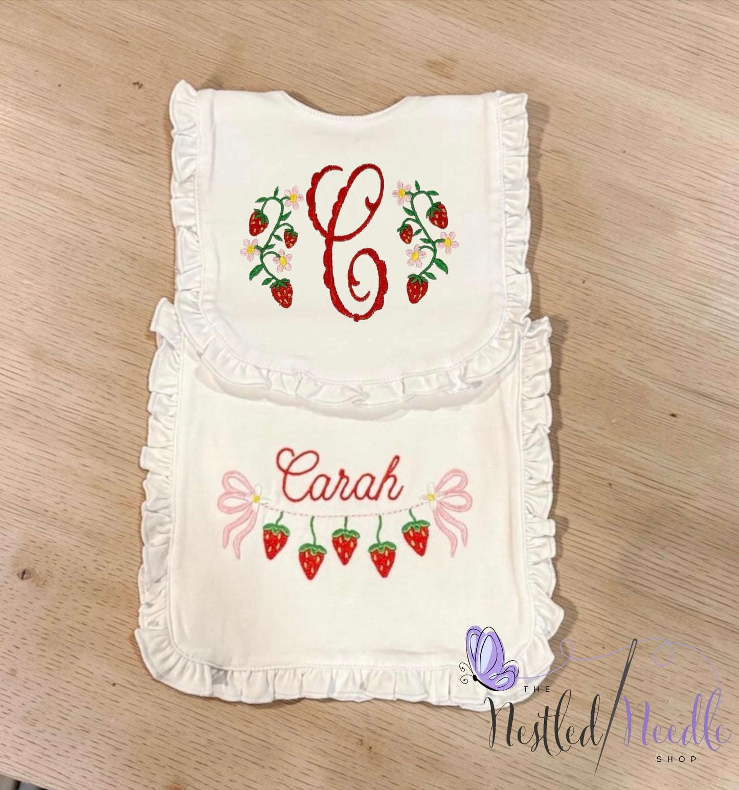 Girl Personalized Strawberry Themed Ruffle Baby Bib & Burp Cloth Set