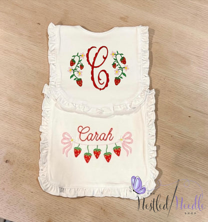 Girl Personalized Strawberry Themed Ruffle Baby Bib & Burp Cloth Set