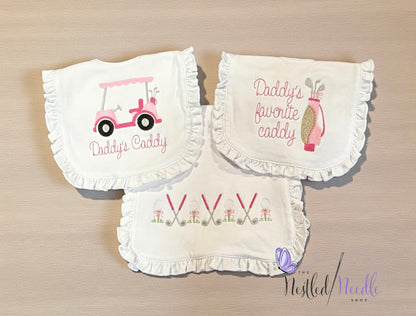 Girl Golf Themed Ruffle Baby Bib & Burp Cloth Set