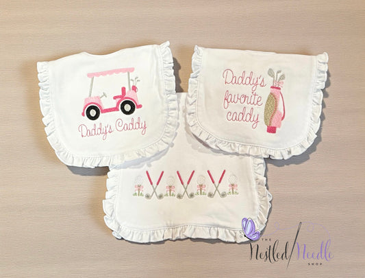 Girl Golf Themed Ruffle Baby Bib & Burp Cloth Set