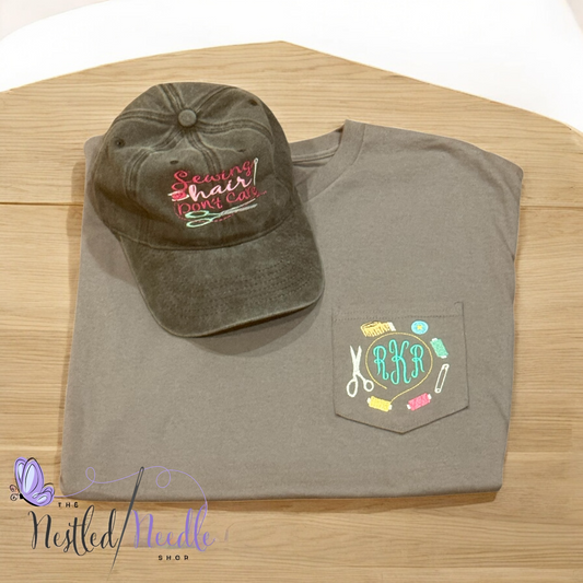 Women's Sewing Themed Monogrammed Pocket Tee