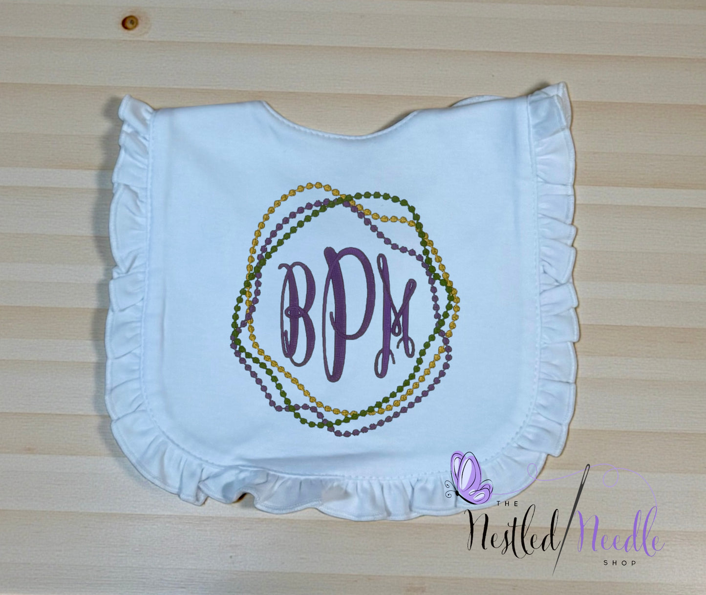 Girl Personalized Mardi Gras Beads Monogrammed Ruffle Baby Bib