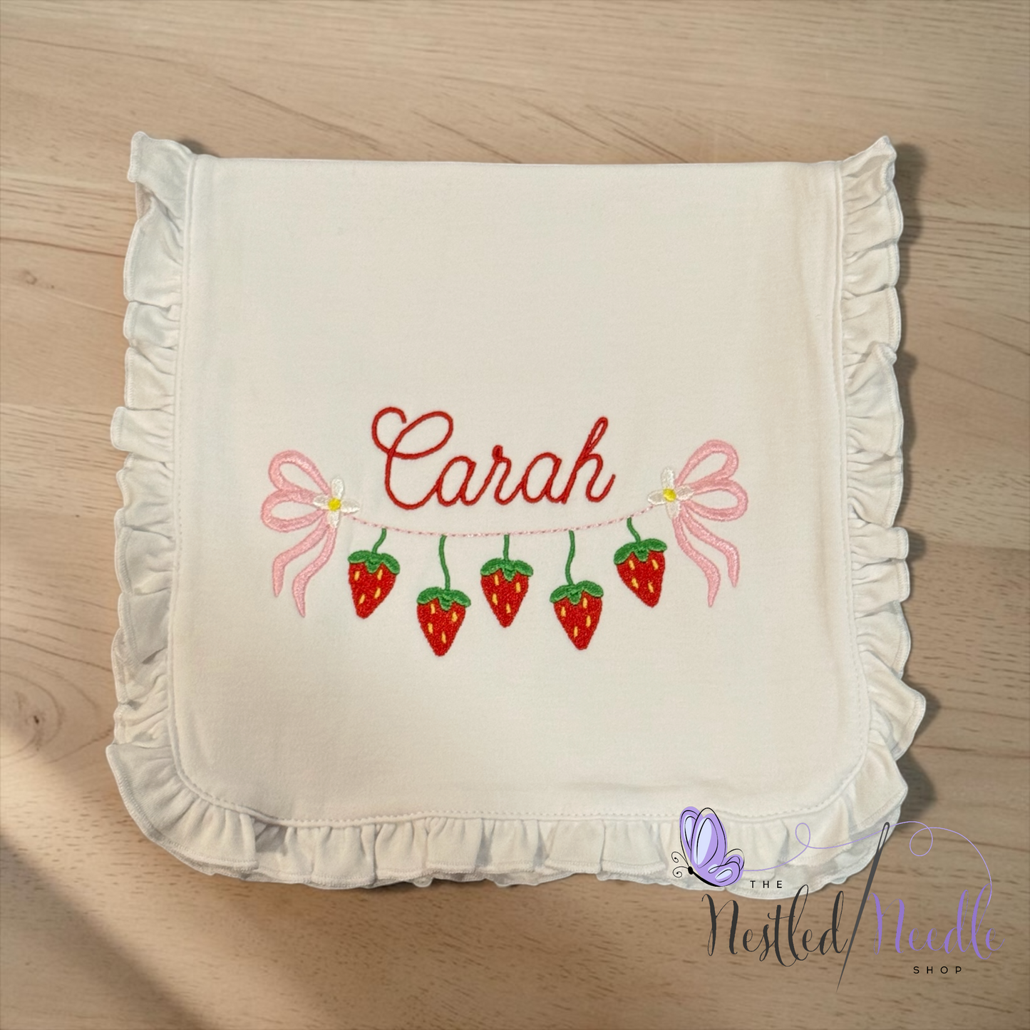 Girl Personalized Strawberry Themed Ruffle Baby Bib & Burp Cloth Set