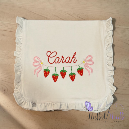 Girl Personalized Strawberry Themed Ruffle Baby Bib & Burp Cloth Set