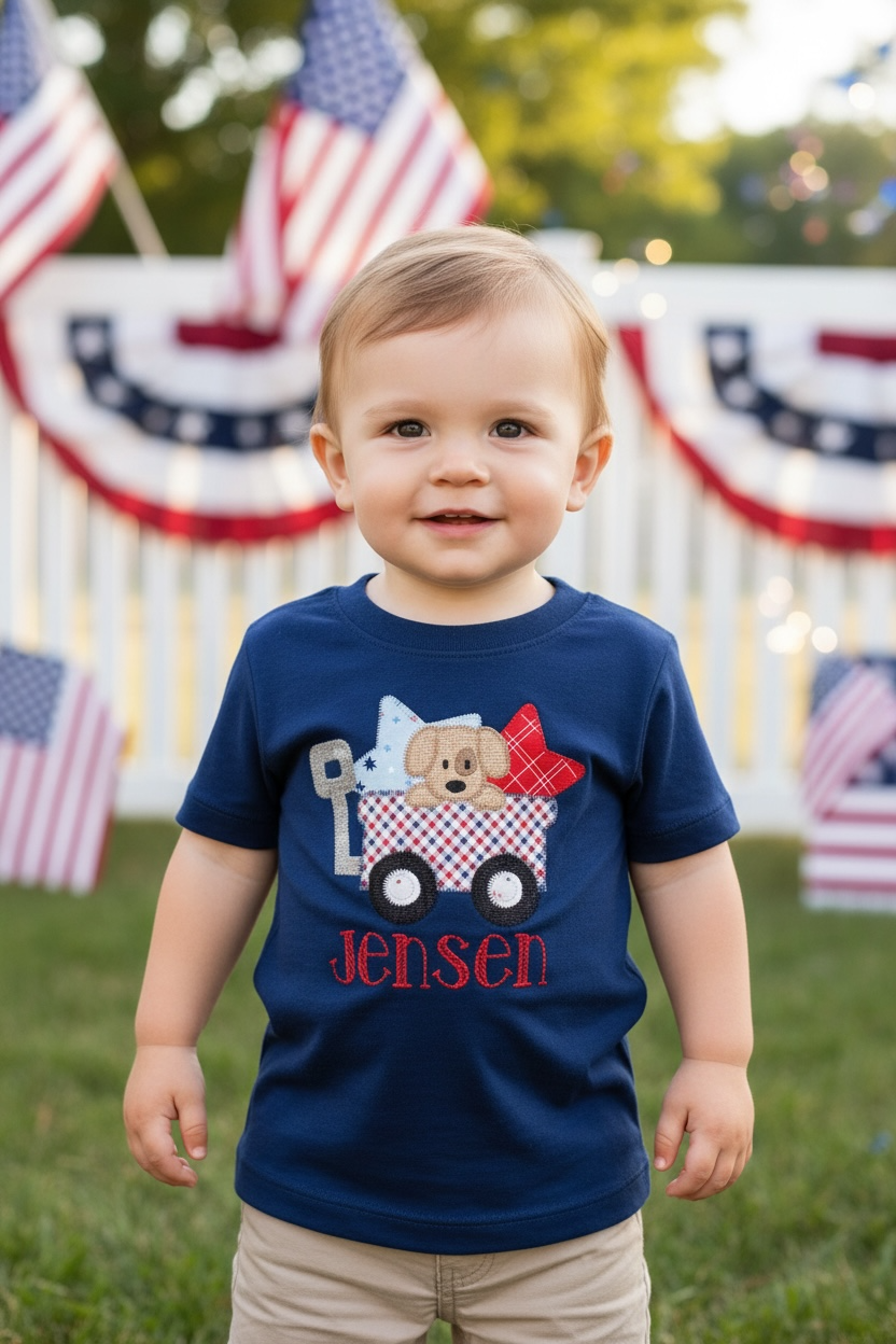 Boy Personalized Patriotic Puppy in Wagon Appliqué Top