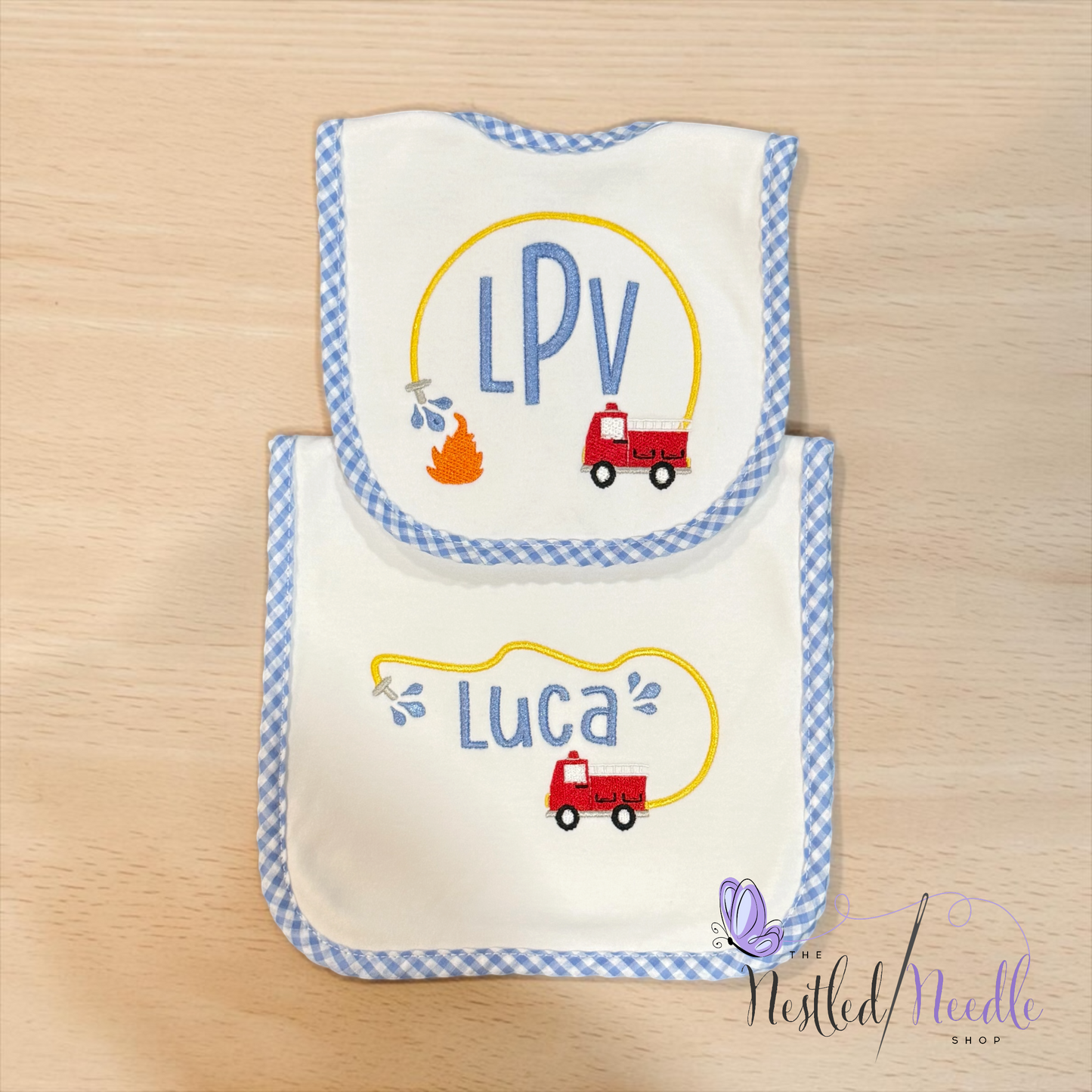 Boy Personalized Fire Truck Baby Bib & Burp Cloth Set