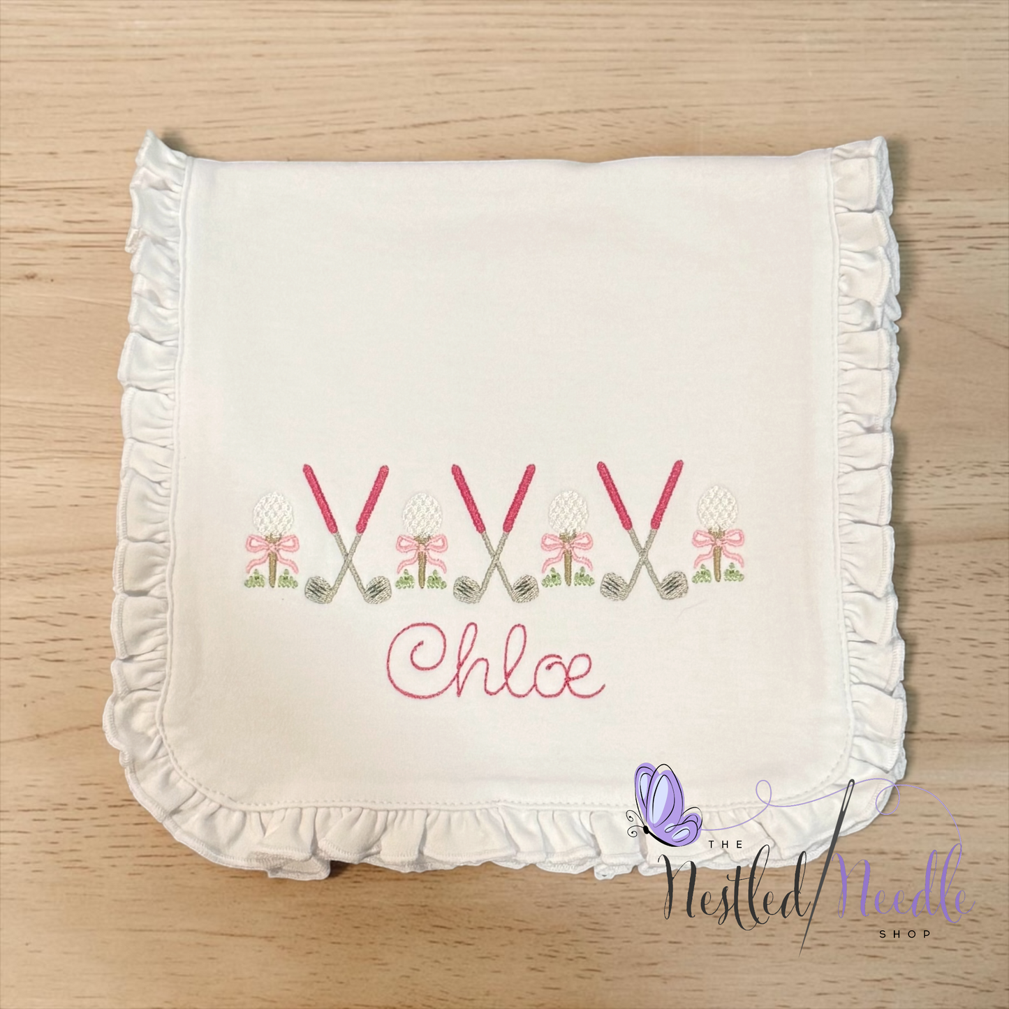 Girl Golf Themed Ruffle Baby Bib & Burp Cloth Set
