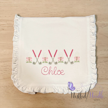 Girl Golf Themed Ruffle Baby Bib & Burp Cloth Set