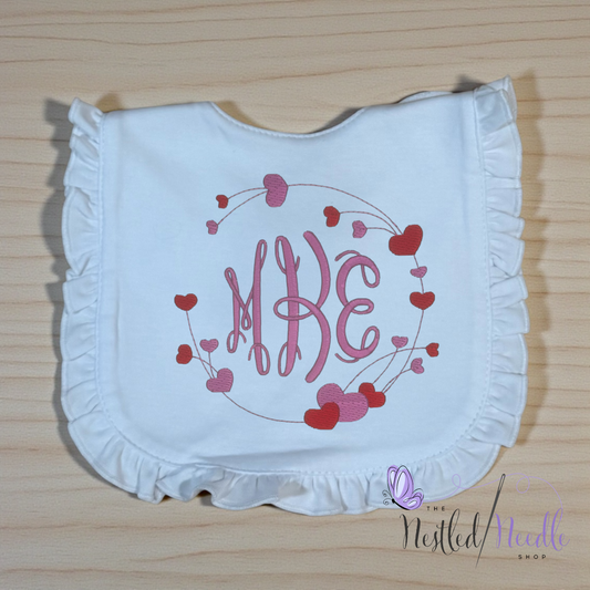 Girl Personalized Valentine’s Hearts Monogrammed Ruffle Baby Bib