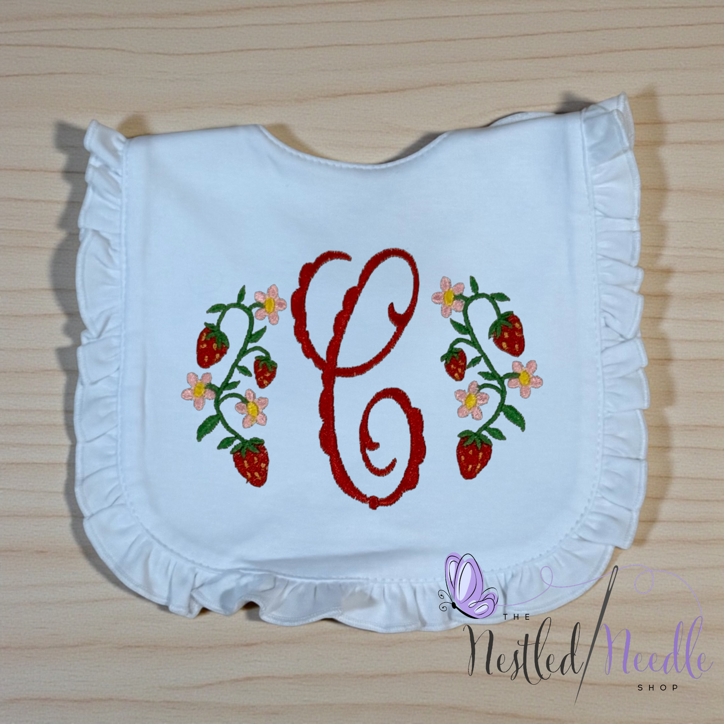 Girl Personalized Strawberry Themed Ruffle Baby Bib & Burp Cloth Set