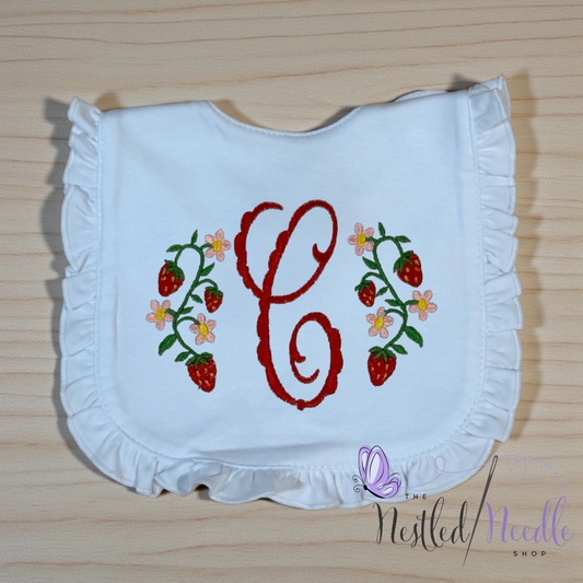 Girl Personalized Strawberry Themed Ruffle Baby Bib & Burp Cloth Set