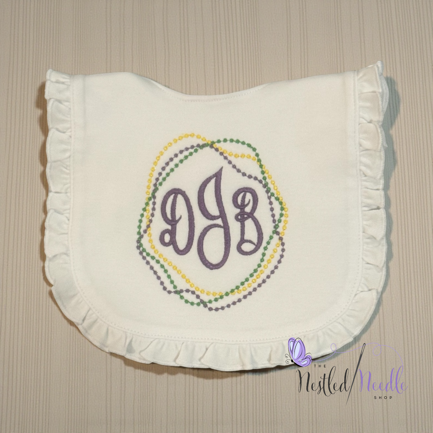 Girl Personalized Mardi Gras Beads Monogrammed Ruffle Baby Bib