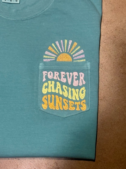 Women's "Forever Chasing Sunsets" Pocket Tee