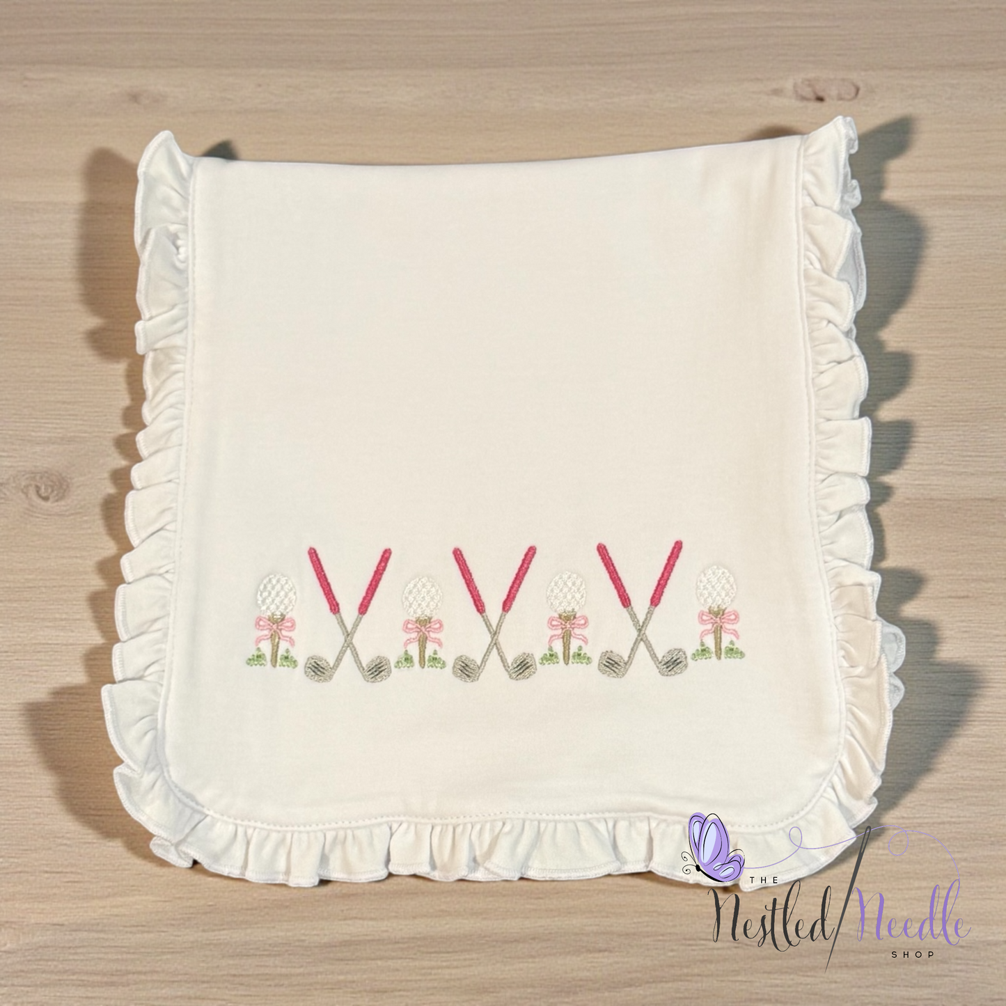 Girl Golf Themed Ruffle Baby Bib & Burp Cloth Set