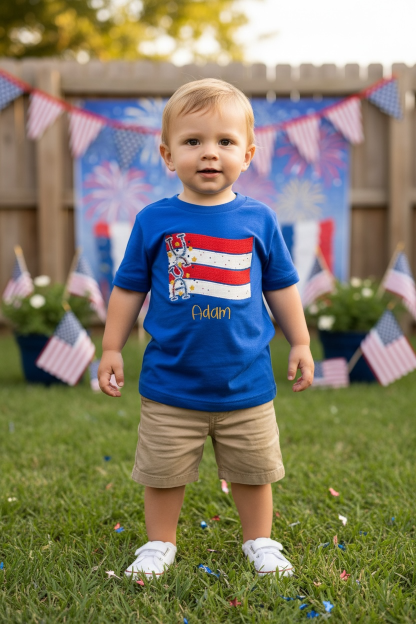 Boy Personalized Patriotic Wavy Flag Applique Top