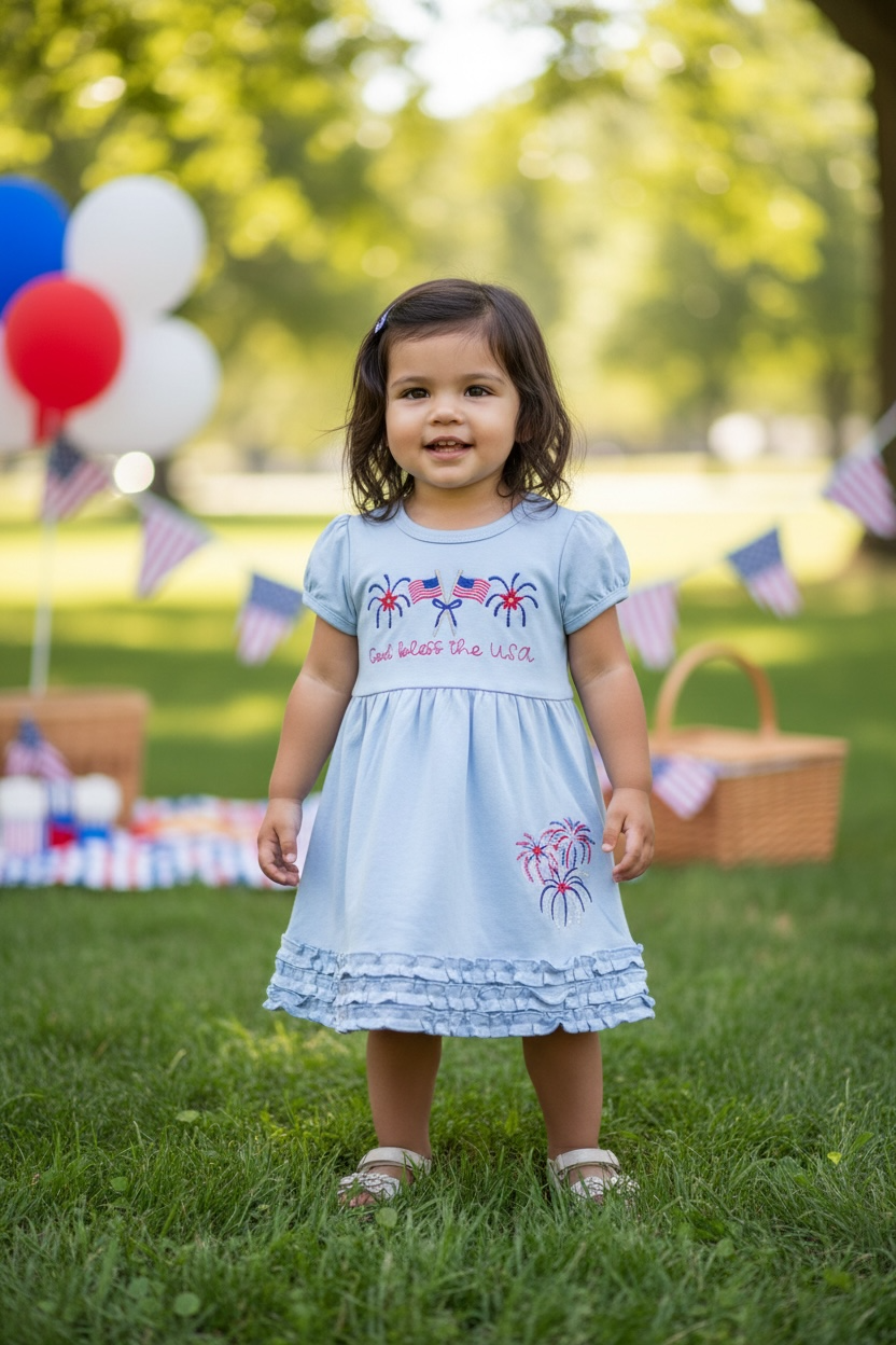Girl Personalized Patriotic SS Ruffle Dress