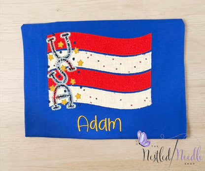 Boy Personalized Patriotic Wavy Flag Applique Top