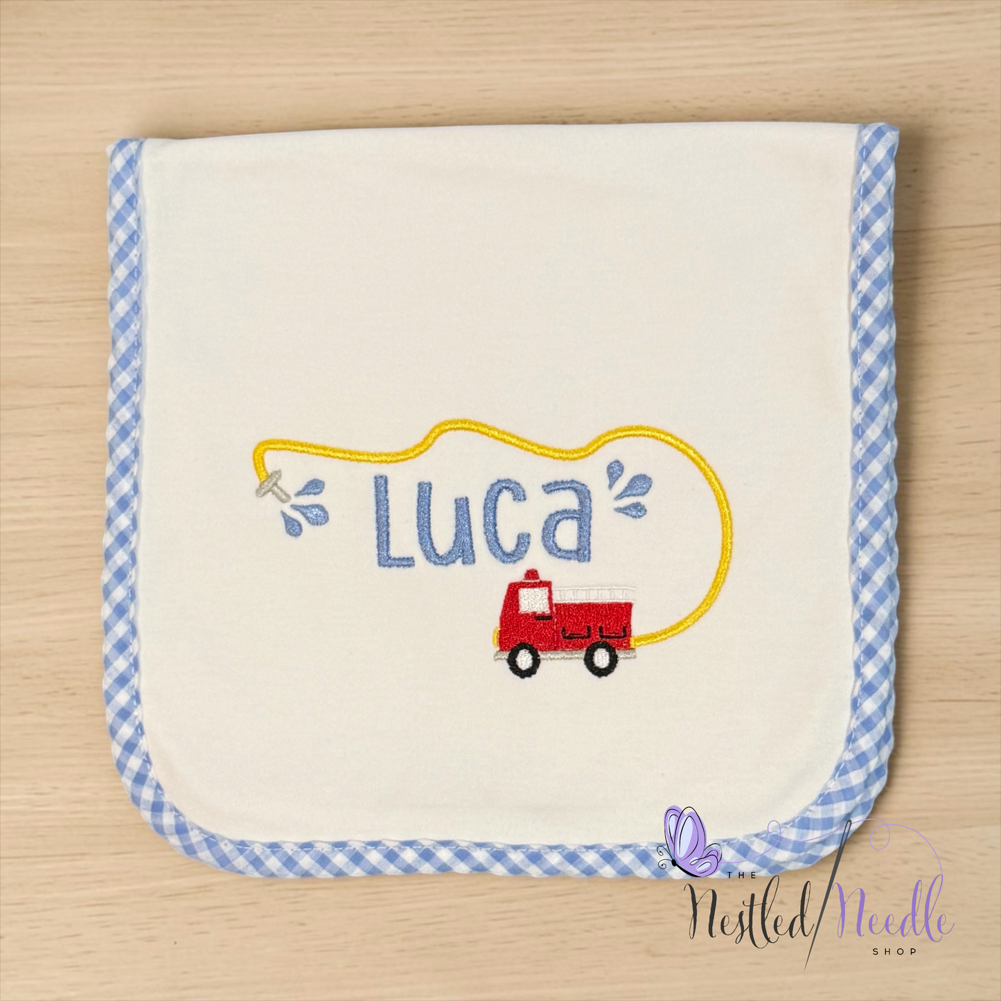 Boy Personalized Fire Truck Baby Bib & Burp Cloth Set