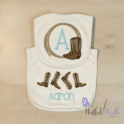 Boy Western Cowboy Themed Baby Bib & Burp Cloth Set