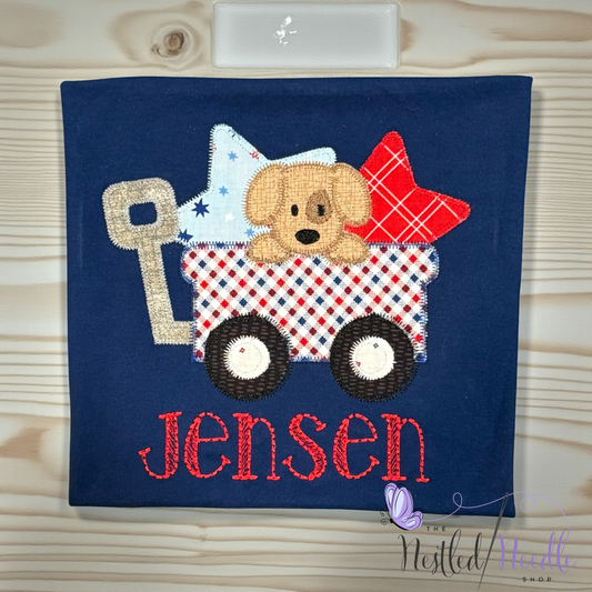 Boy Personalized Patriotic Puppy in Wagon Appliqué Top