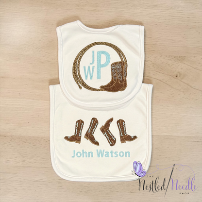 Boy Western Cowboy Themed Baby Bib & Burp Cloth Set