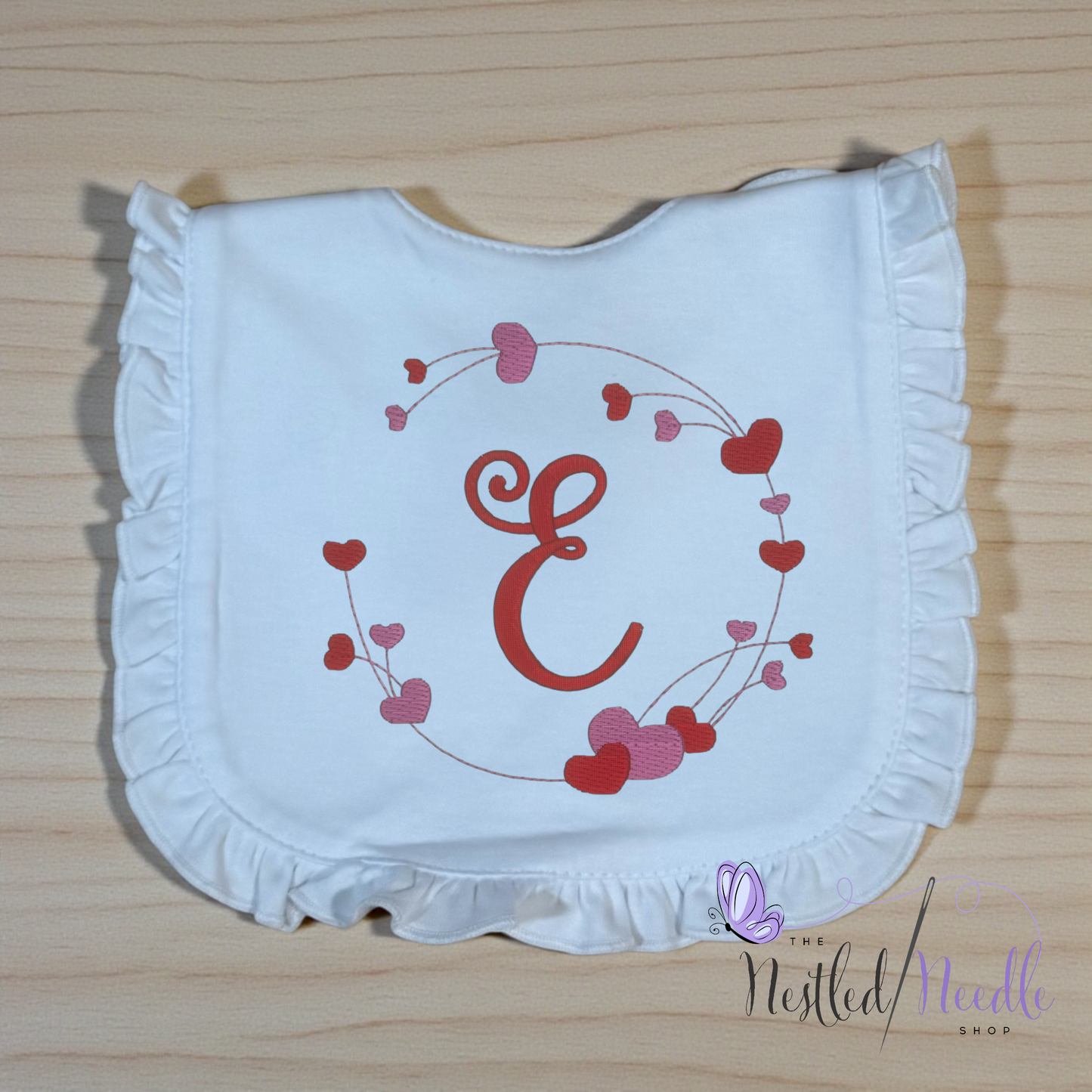 Girl Personalized Valentine’s Hearts Monogrammed Ruffle Baby Bib