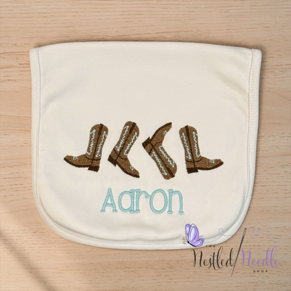 Boy Western Cowboy Themed Baby Bib & Burp Cloth Set