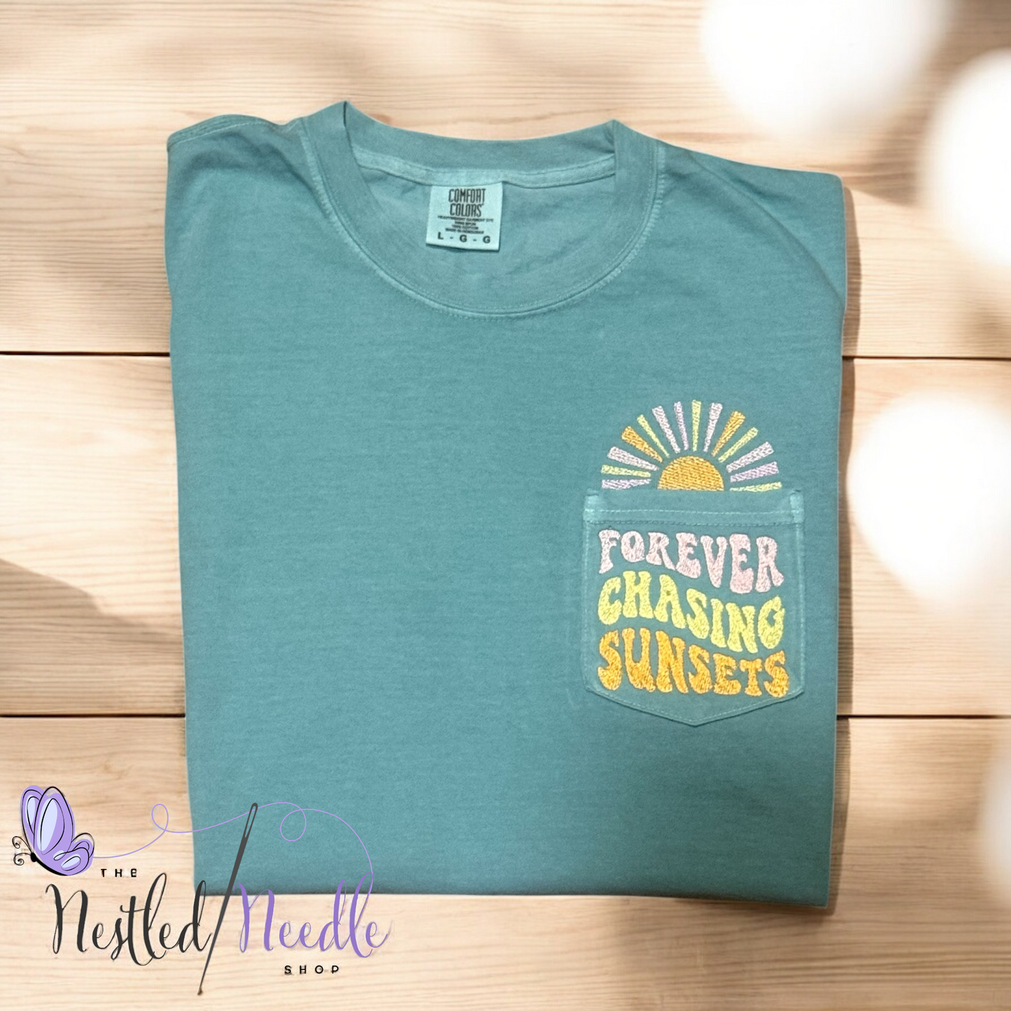 Women's "Forever Chasing Sunsets" Pocket Tee